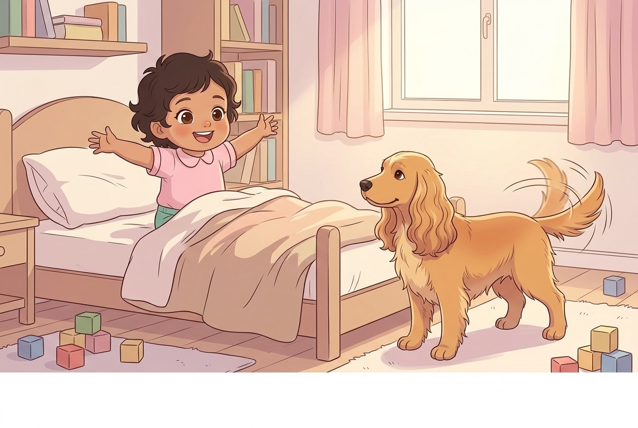 A child waking up beside a friendly golden dog in a soft bedroom