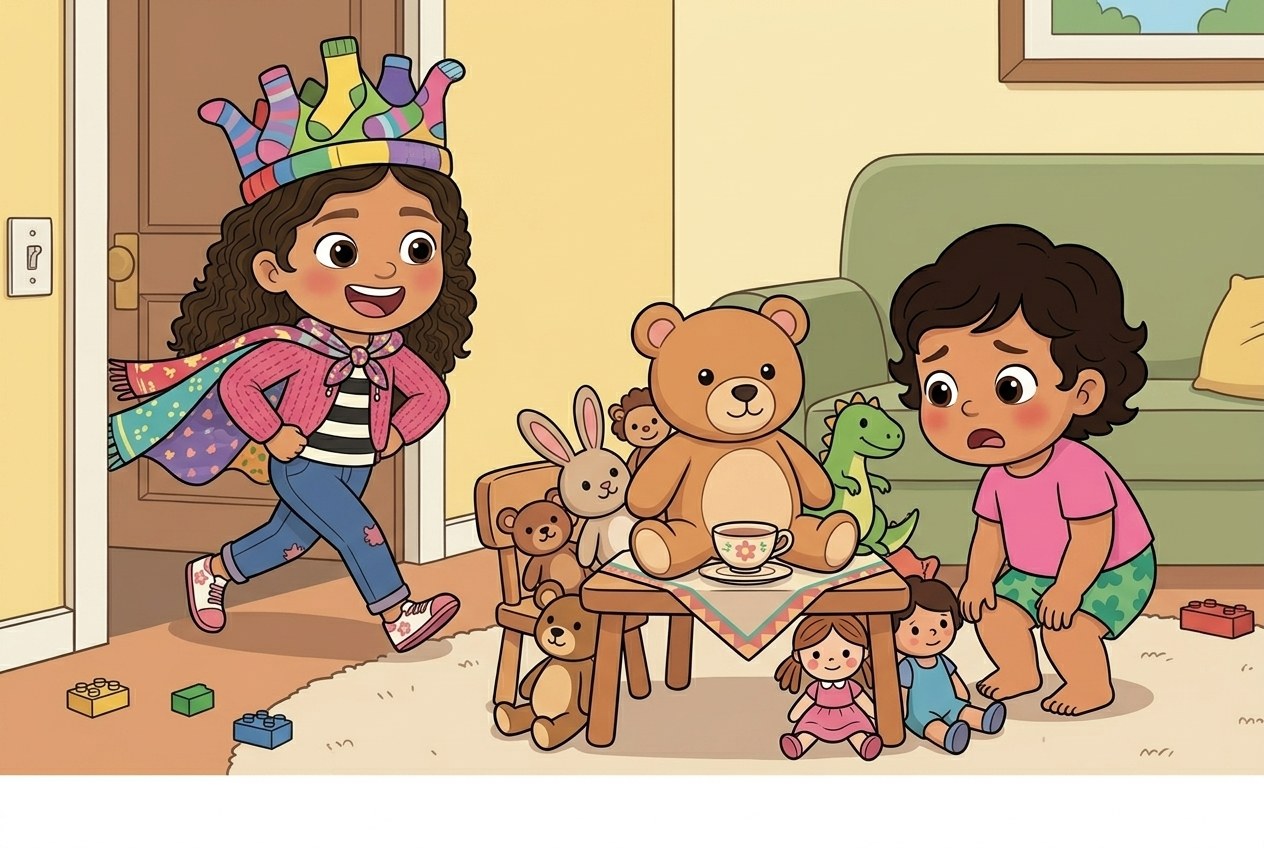 Two children in a birthday playroom with party hats, toys, and a teddy bear