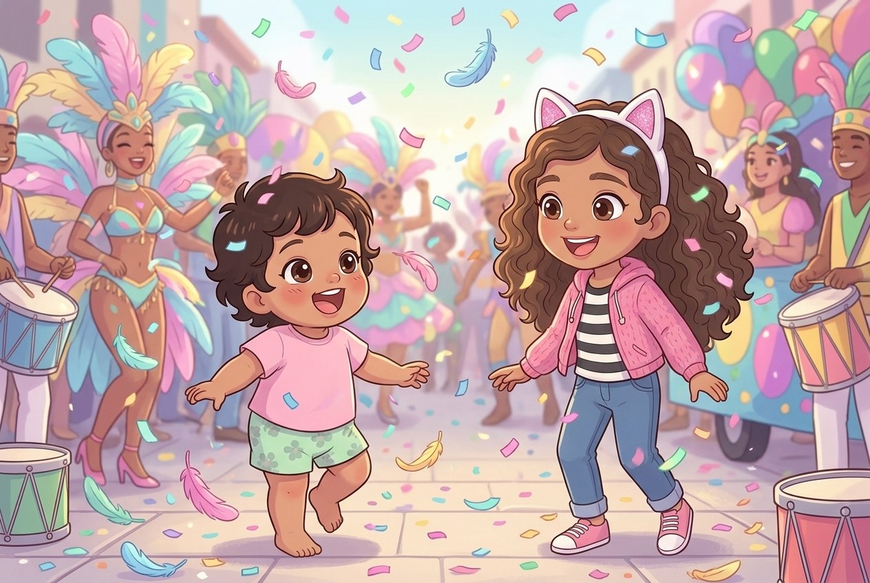 Two children dancing through a colorful Rio Carnival parade